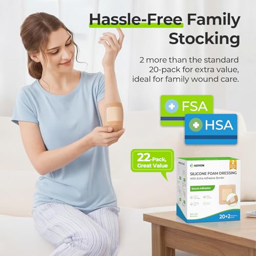 Image of AUVON Silicone Foam Dressing with Large Adhesive Border, 3 inch x 3 inch 22 Packs Wound Dressing Bandage with High Absorbency, Waterproof Silicone Foam Pads for Wound Care, FSA /HSA Eligible