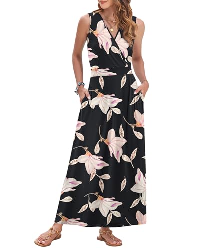 Image of AUSELILY Womens Maxi Dress Summer Sleeveless Wrap Long Dresses with Pockets | V-Neck Wrap Sleeveless Sundress, fits formal, casual, beach, vacation & daily wear