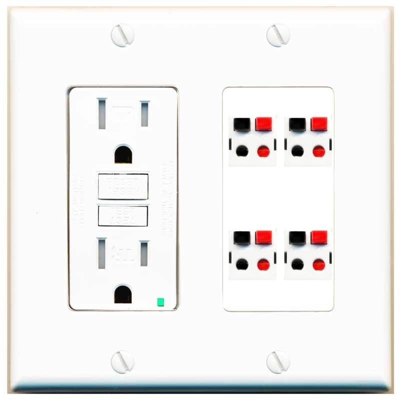 RiteAV 4 Port Speaker Wire Plug Jack Wall Plate - GFCI Outlet [White]