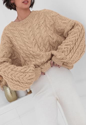 Image of PRETTYGARDEN Womens Sweaters Spring 2026 Cable Knit Long Sleeve Crewneck Oversized Sweater Chunky Pullover Loose Outfits