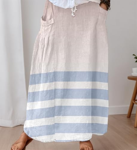 Linen Maxi Skirts for Women Boho Floral Striped High Waisted Casual Long Skirt with Pockets2