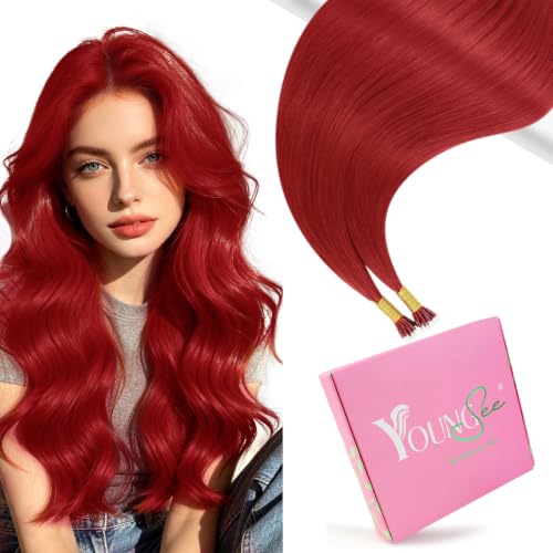 Image of YoungSee Nano Ring Hair Extensions Human Hair Red Nano Bead Hair Extensions Colored Nanolink Extension Red Nano-Loop Extension Short Straight Hair for DTY Your Hairstyle 16 Inch 25g 25 Strands
