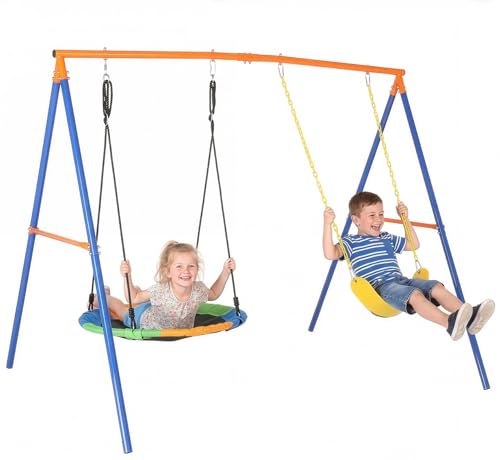 LEADZM Outdoor Schaukel für Kinder mit Bodenanker, Schaukelgestell mit Gestell, 150 kg Tragfähigkeit, Doppelschaukel mit EIN-Brett-Schaukel und Nestschaukel, 210 x 177 x 174 cm