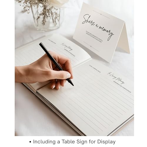 Image of Funeral Guest Book - Celebration of Life Guest Book - Guest Book for Memorial Service - Funeral Registry Sign In Book - Linen Hardcover & Gold Foil - Keepsake Memory Book for Loved Ones - White