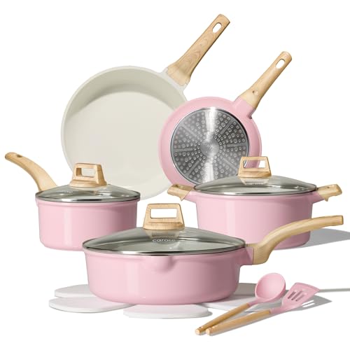 CAROTE Ceramic Cookware Set, 14 PCS Pots and Pans Set Non Stick, Pot and Pan Set with Frying pan, Induction Ready Cooking Set for Kitchen, PFOS/PFOA/PFAS Free, Pink