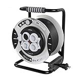 Masterplug コードリール 20m 延長コード屋外用 100V型 ドラムコード 防雨・防塵コンセント4個 温度センサー内蔵 プラグ抜き差し不要 建設現場 家庭用 キャンプ用 延長コード巻き取り式 電工ドラム (クールグレー, 20M)