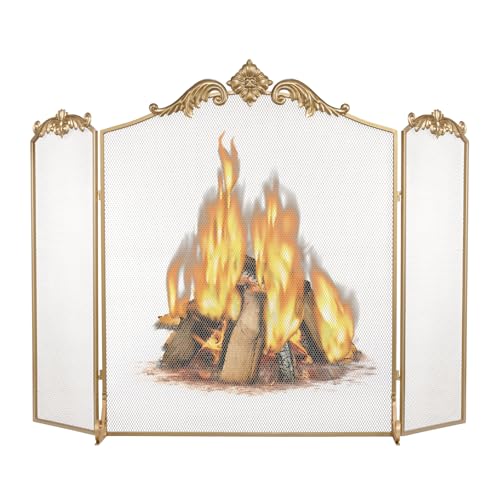BEAMNOVA Fireplace Screen, 50 x 32 in, Gold, 3 Panel Decorative Flat Cover, Vintage Arched Mesh...