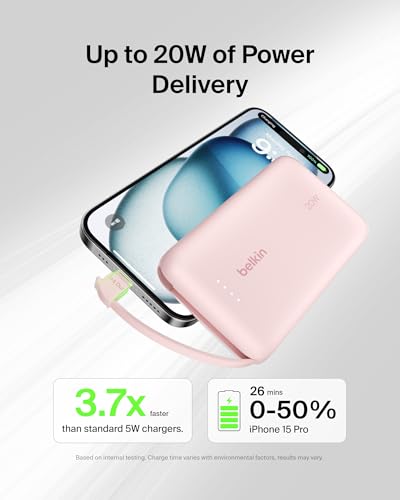 Image of Belkin Portable Charger Power Bank USB C, 10000 mAh w /Integrated Cable, 20W Fast Charge USB-C Power Delivery, iPhone Charger, Apple iPhone 17, Air, Pro, Pro Max, iPad, Samsung Galaxy S25 - Pink