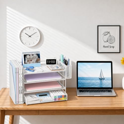 Image of OPNICE Desk Organizers and Accessories, 4-Tier Desktop File Organizer with Drawer and Pen Holders, Office Desk Accessories Workspace Organizers for Office Supplies (Soft White)