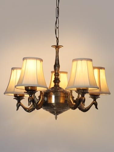 Image of Devansh 05-Light Conical Off-White Cotton Shade Chandelier - Antique Golden Finish | Adjustable Cord | Warm Glow Lamp - Ceiling Light for Living Room, Dining Area, Bedroom & Entryway Decor - D3