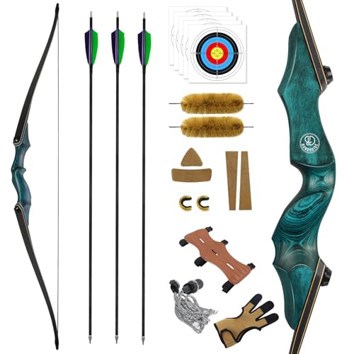 HANDBAIGE 60'' Archery Hunting Longbow Kit with 3 Turkey Fletchers Arrows Takedown Bow and Arrows Kit for Shooting Right Hand Long Bow (50lbs)