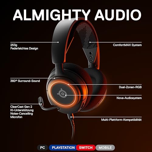 SteelSeries Arctis Nova 3 - Multi-System Gaming-Headset – Hi-Fi-Treiber – 360° Surround-Sound –RGB-Beleuchtung – Memory Foam-Ohrpolster – Ultraleicht – ClearCast Gen 2-Mikrofon – PC, PS5, PS4, Switch 3