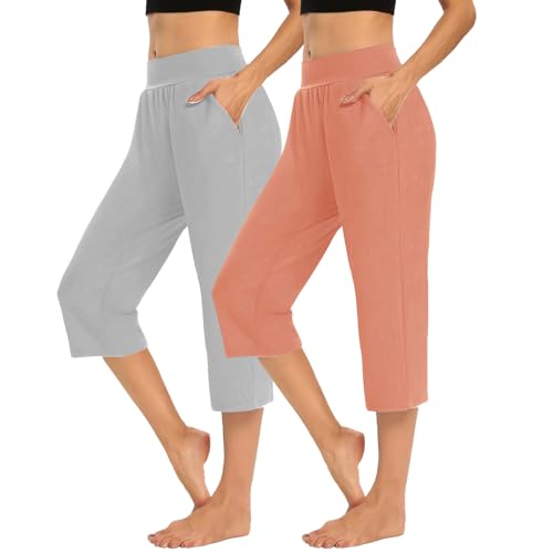 2PC Women's High Elastic Capris Pant Stretch Side Pocket Sweatpant Solid Casual Cropped Trouser2
