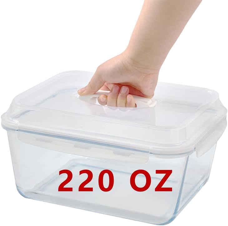 XXXXX-Large Recipiente práctico de vidrio con tapa de bloqueo, 220 onzas, sin BPA, vidrio de borosilicato, tamaño familiar, tamaño de fiesta, tapa