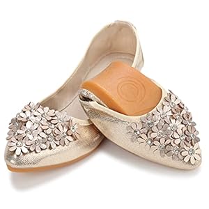 KUNWFNIX Women’s Ballet Flats Foldable Classic Crown Rhinestone Slip On Flowers PU Leather Pointed Toe Comfort Flat Casual Dress Shoes