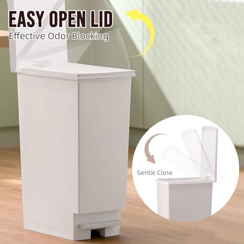 Image of 8 Gallon Trash Can With Lid and Foot Pedal, Plastic Slim Kitchen Step On Trash Can, Hands Free Recycling White Kitchen Garbage Can, Odor Block, 9 Inch Wide Trash Bin Fit For Narrow Space, 3Pack