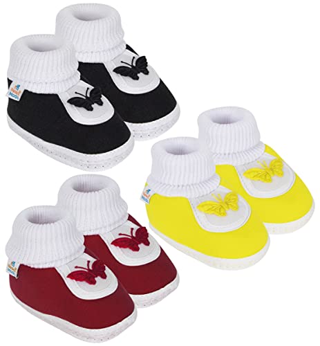 Neska Moda 6 To 12 Months Baby Boys & Girls Pack of 3 Pair Cotton Butterfly Slip On Baby Booties
