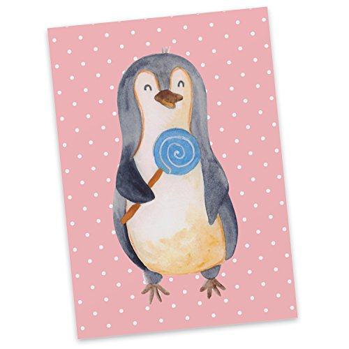Mr. & Mrs. Panda Cartolina Postale, Carta Regalo, Cartolina Postale Lecca Lecca Pinguino - Colore Pastello Rosso