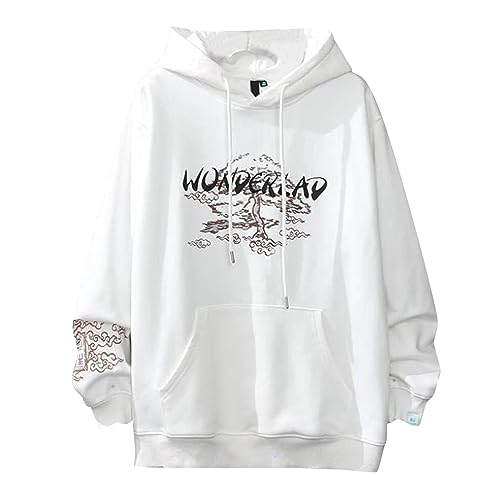 Sudadera de gran tamaño para hombre Harajuku Hoodies Japanese Anime Sudadera con Capucha Forro Polar Camiseta de Manga Larga Cálida 2023 Otoño Invierno Jersey Suéter, Blanco, XL