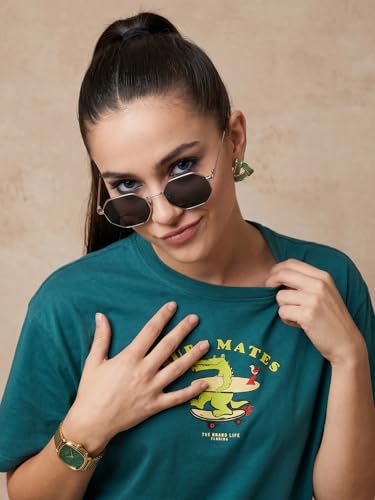 Image of JUNEBERRY Women's Regular Fit Printed Tee - 100% Pure Cotton, Round Neck, Half Sleeve Graphic T-Shirt for Daily Use (Colors: Red, Brown, Green & Future Dusk)