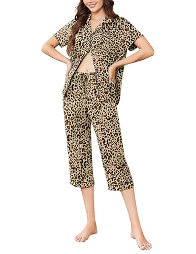 Image of Ekouaer Capri Pajamas for Women Short Sleeve Button Down Sleepwear Comfy Lounge Set 2-Piece Pants Pjs | Capri Pants With Pockets,Chest Pocket,Notch Collar,Contrast Pipings,Sleepwear For Home Loungwear,Wedding,Party&Breastfeeding