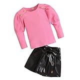 Diseño: suéter de punto de manga larga con puff de algodón para niña pequeña, blusa acanalada cálida, cuello redondo y jersey, falda de cuero PU con botón, minifaldas de tubo que hacen que su bebé esté más a la moda.