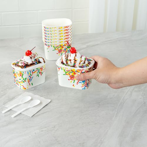 Image of Restaurantware Paper Cups 50 Count 12 Ounce Square Disposable Ice Cream Containers, Leak-Resistant Paper Dessert To Go Cups, Hot And Cold Food, Durable Classic Sprinkles Design