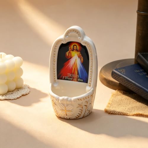 Image of KOMI Porcelain Divine Mercy Jesus Catholic Holy Water Font for Entrance of Home Church Wall Hanging Decor Religious Christian Gift Jesus I Trust in You Holy Water Holder