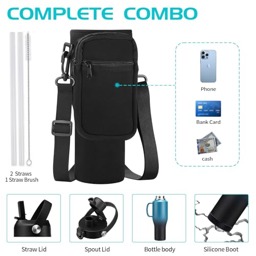 Image of 40 oz Insulated Cup with Handle - Stainless Steel Water Bottles with Straw & Auto Chug Lids, Carrier Pouch, Water Metal Coffee Tumblers Metal Flask, Fits in Cup Holder Leak Proof, Keep Cold 48h