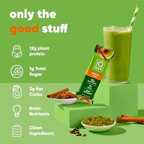 IQ BAR Brain and Body Plant Protein s - Matcha Chai - 24 Count, Low Carb, High Fiber, Gluten Free, Healthy Vegan Snacks - Low Sugar Keto Pack