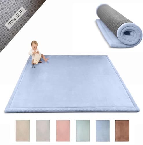 Image of Hakuna Matte CloudSoft Baby Play Mat for Floor 60 inch x 80 inch Blue | Coral Velvethigh-density foam Rug for Crawling & Cozy Play - Non-Slip, Water-Resistant, Easy-CareTummy Time Mat