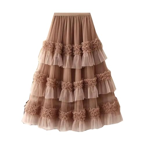 Women Summer Y2k Elastic High Waist Heavy Industry Long Cake Mesh Skirt Stitching Flower Lace Skirt