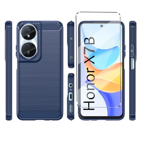 1Pcs Cover e 1Pcs Vetrino Compatible con Honor X7B antiurto Custodia piu Vetro temperato Per protezione HONOR X7B Pellicola protettiva Fibra di Carbonio Morbido Navy silicone