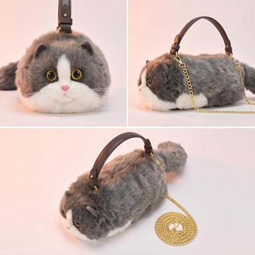 Image of Realistic Puffy Plush Cat Shaped Crossbody Handbag for Women