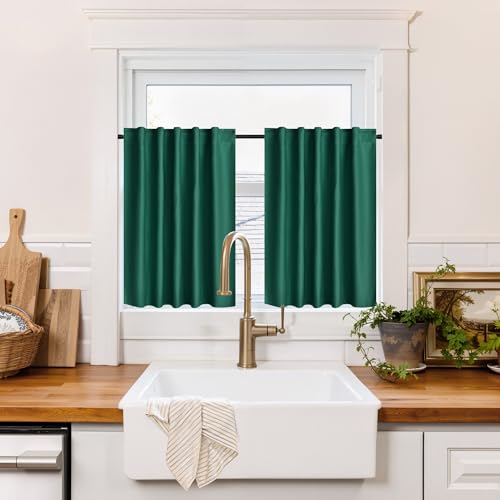 Image of RYB HOME 100% Blackout Basement Curtains 30 inches Long, Heat & UV Blocking Total Room Darkening Noise Reducing Back Tab Curtains for Bathroom RV Campers, Dark Green, 2 Panels Set