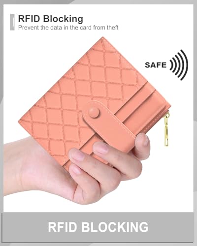 Image of Aiawoxc Womens Wallet, RFID Small Slim Wallets for Women, Compact Credit Card Holder, Cute Leather Bifold Ladies Purse with Zipper Coin Pocket and ID Window, Rose Red