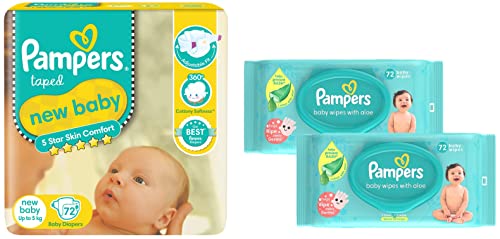 Image of Pampers Active Baby Tape Style Baby Diapers, Newborn /Extra Small (NB /XS) Size, 72 Count with Pampers Baby Gentle Wet Wipes with Lid 144 Count (72 X Pack of 2) | with Aloe Vera and Vitamin E | 9