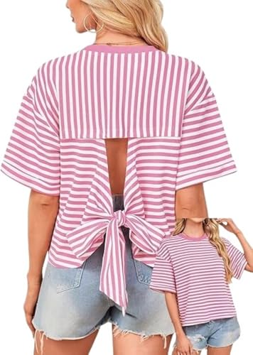 T-shirt ample pour femme à rayures et col rond avec nœud au dos