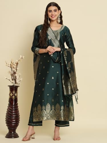 Image of VredeVogel Women's Cotton Silk Jacquard Kurta Pant Set with Banarasi Silk Dupatta