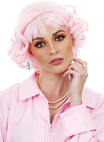 Compatible with Pink Ladies Costume – Short Curly Pink Wig for Women – 50s Character Wig for Grease Cosplay, Retro Parties, Themed Events, Halloween, Rockabilly, Vintage Looks