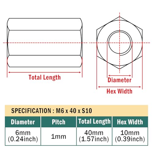 Image of 4pcs M6x40xS10 Right and Left Hex Coupling Nuts,304 Stainless Steel Hex Rod Connector