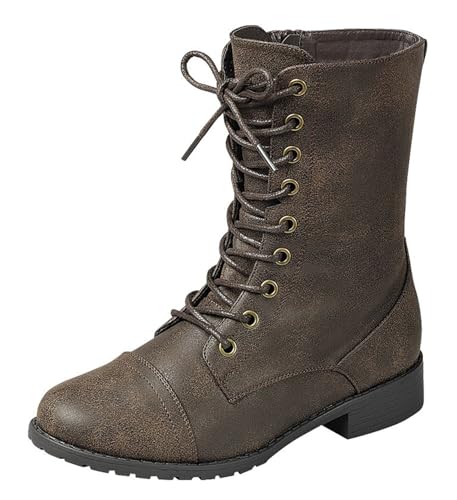 Image of Forever Link Womens Round Toe Military Lace Up Knit Ankle Cuff Low Heel Combat Boots