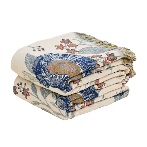 Boho Throw Blanket, 100% Organic Cotton Breathable Ultra Soft Bed Quilt Throw - All Season Floral Bird Butterfly Farmhouse Decor Blanket for Sofa Couch Chair and Gift. 80" x 90"