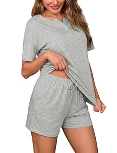 Aseniza Schlafanzug Damen Kurz Baumwolle Pyjama Sommer Set Nachtwäsche Kurzarm Loungewear Sleepwear Zweiteiliger V-Kragen mit Knöpfen Grau S