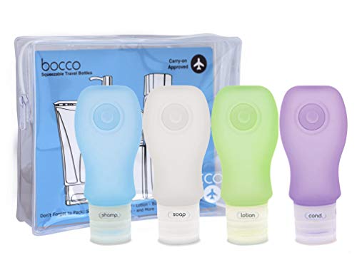 Bocco Leak Proof Squeezable Travel Bottles, TSA Approved Travel Accessories for Carry On Luggage - Perfect for Liquid Toiletries - 4 Pack (All Large 3 oz Bottles) (Blue/Purple/Clear/Green)