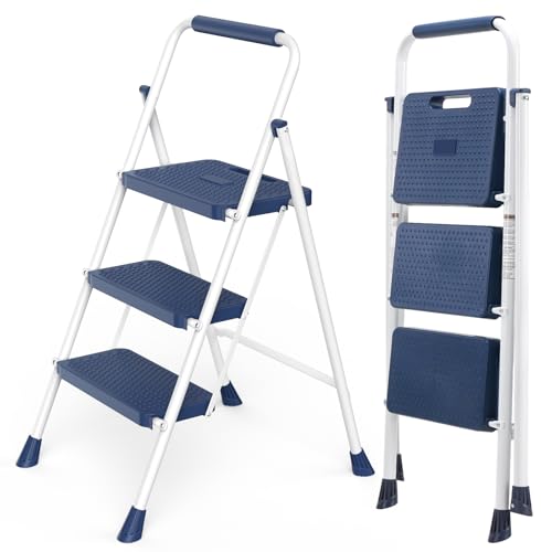 DUMOS Step Ladder, 3 Sturdy Step Stool with Anti-Slip Pedal & Comfortable Handrail, Portable Heavy...