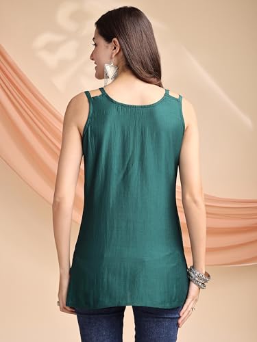 Image of EthnicJunction Women's Bottle Green Cotton Silk Yoke Embroidery Shoulder Strpe Straight Short Kurti | Regular Fit Kurti |Navratri speical Kurti