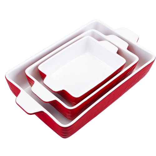 GarveeHome Juego de 3 platos de cerámica para hornear con asas, cacerola de porcelana para horno y microondas, sartén profunda para lasaña para hornear, cocinar, regalo de boda, color rojo