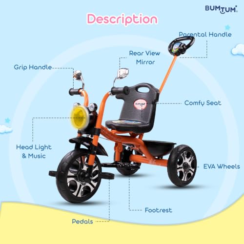 Image of BUMTUM Legendary Baby Tricycle Pedal Bike Rider Stylish | Tricycle for Kids (3-5 Years) Ride-Ons & Wagons Non-Battery Operated Ride-On Bike with Storage Basket - Orange