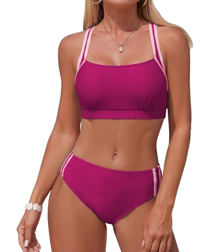 Adigaber Traje de Baño de Dos Piezas para Mujer Cintura Media Unicolor Bañador de Mujer Ropa de Playa Deportiva con Relleno